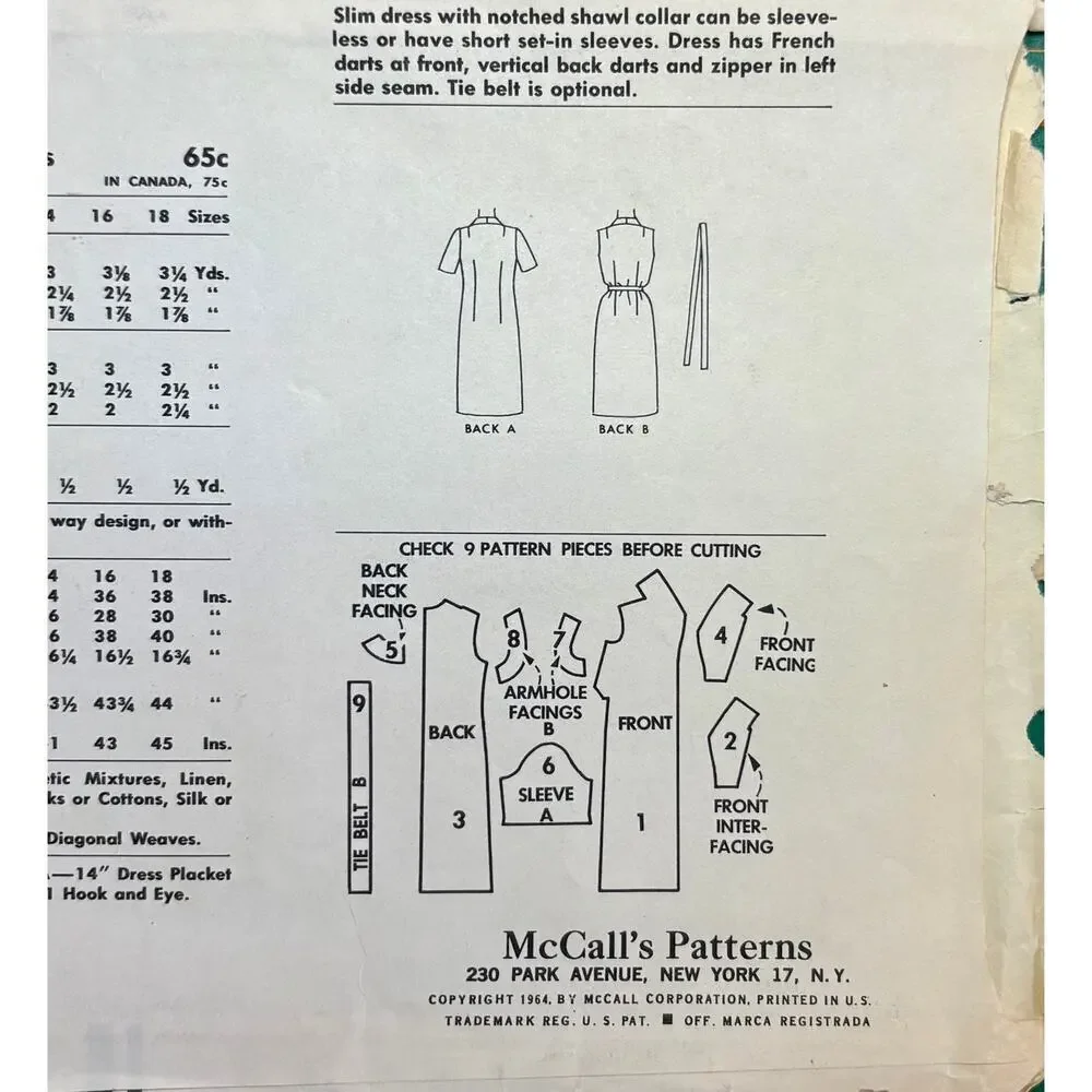 Vintage McCall's 7250 Sewing Pattern Size 14 Bust 34 Dress 1964 Uncut FF